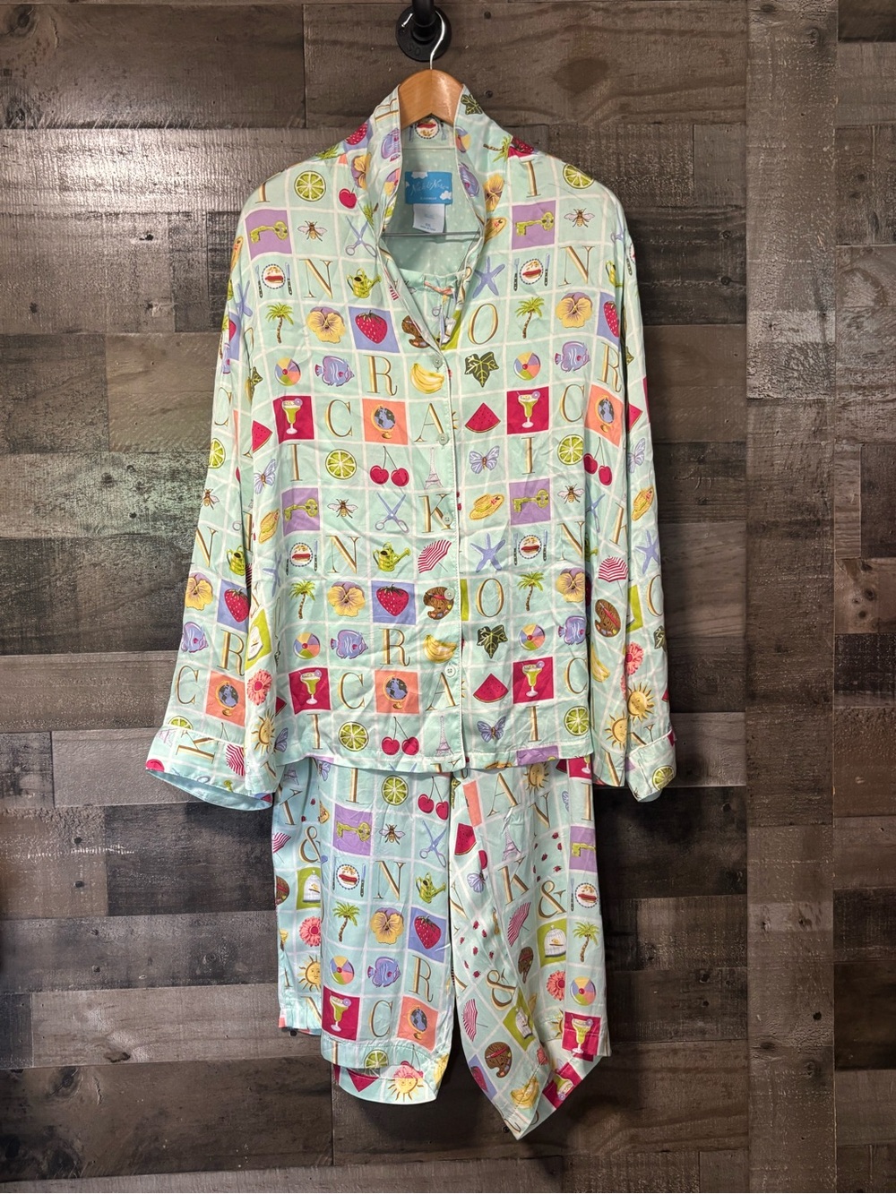 100% Silk Nick & Nora Mint Green Multicolor Pajama Set